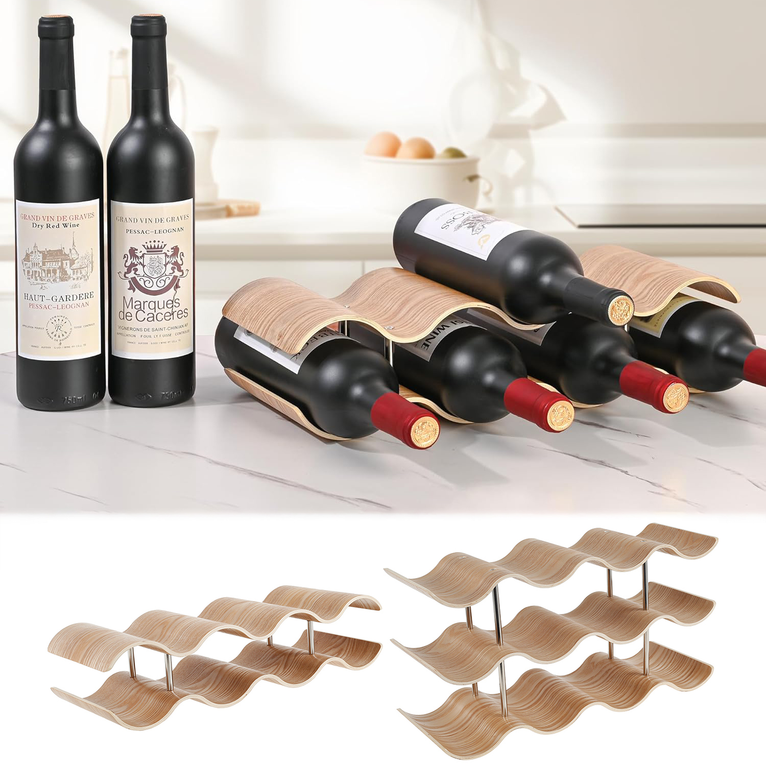 Kitchen Appliances Rack - 2/3-Tier Wooden Wine Rack Wavy Wine